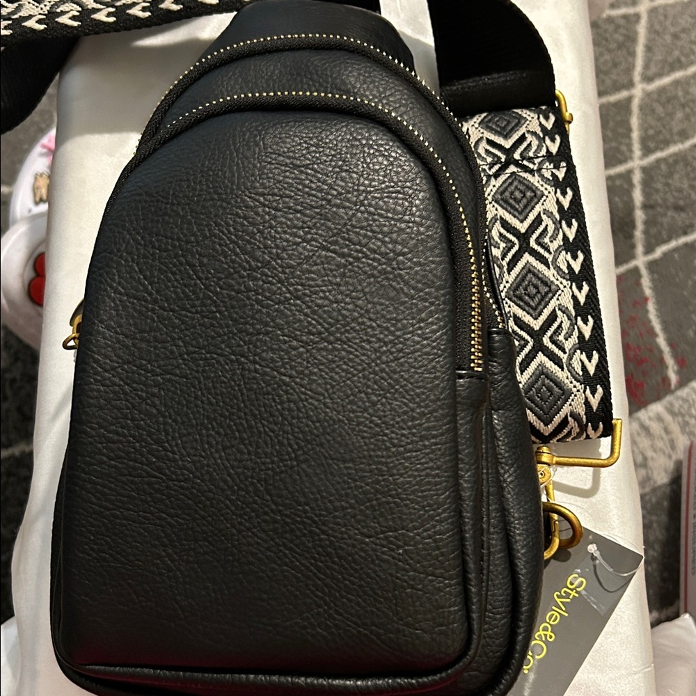Style & Co. Black Faux leather Backpack with Patterned Strap